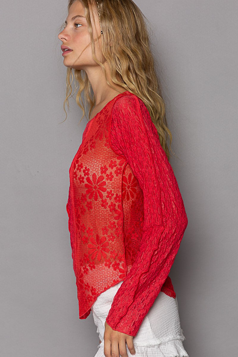 POL Boat Neck Long Sleeve Lace Fabric Solid Knit Top