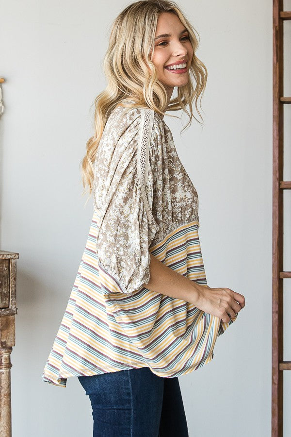 Oli & Hali Floral Print Crochet Detail Sleeve Top