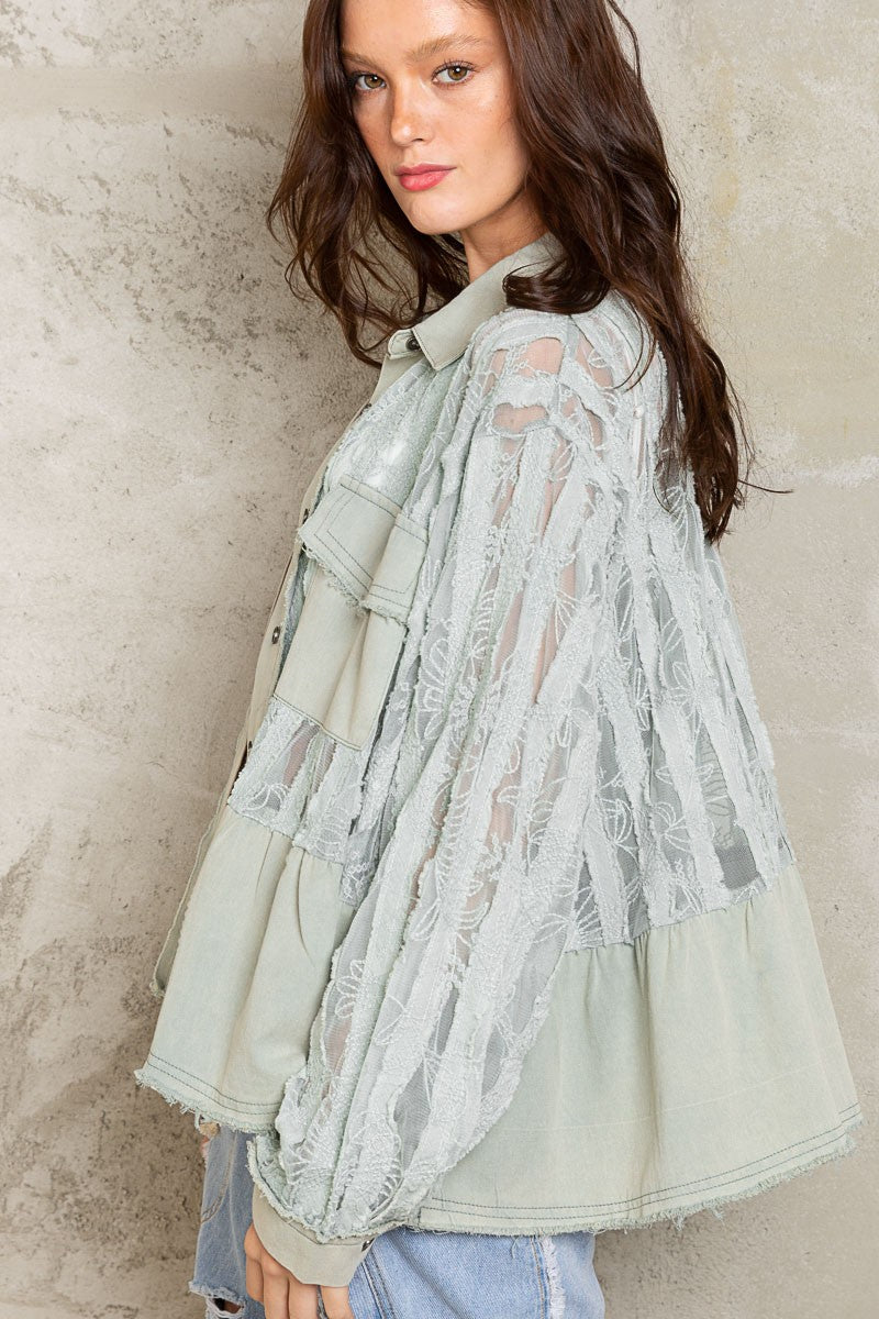 POL Oversize Button Down Contrast Lace Pattern Shirt Jacket