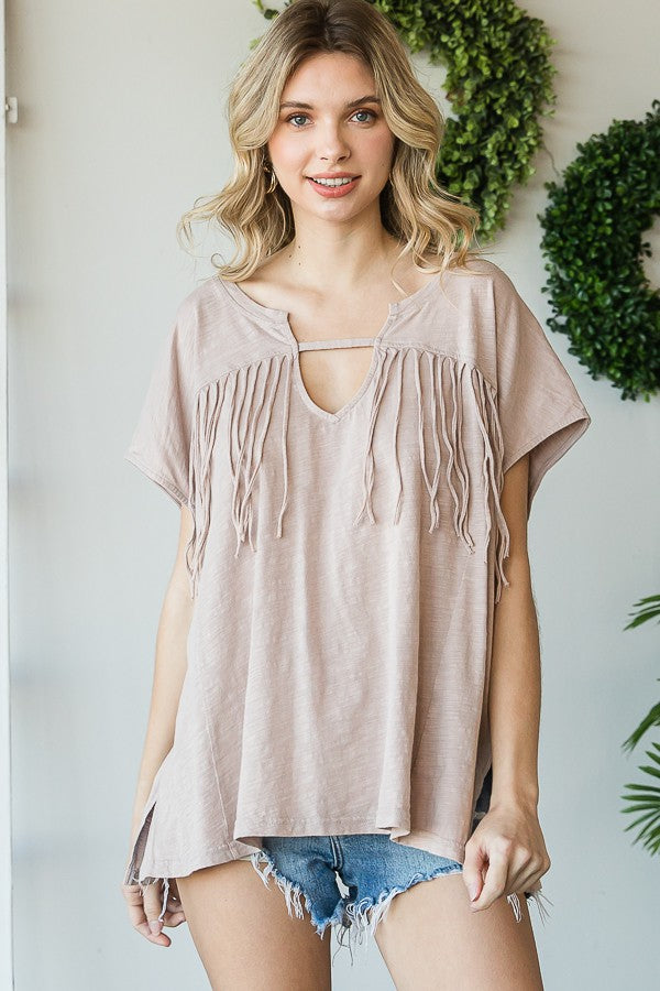 Oli & Hali Mineral Washed Self Fringe Cut Out Neck Top