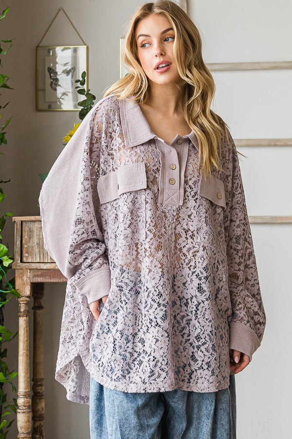 Oli & Hali Washed Lace Waffle Mixed Shirts Top