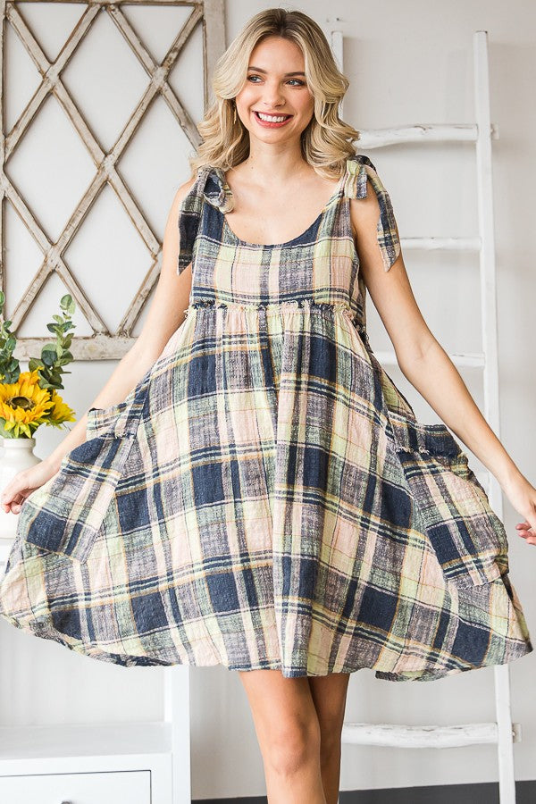 Oli & Hali Mineral Washed Plaid Baby Doll Dress