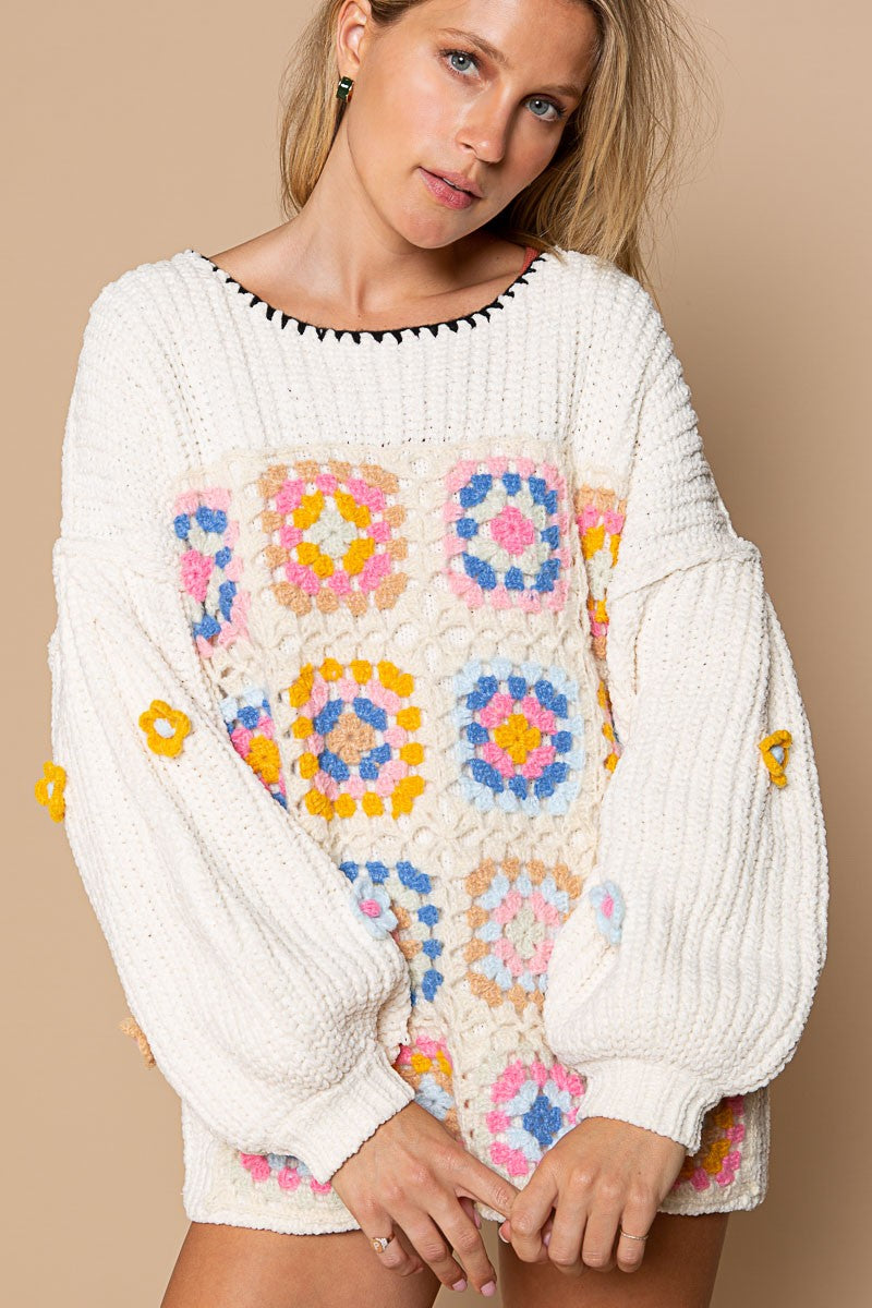 POL Hand Knit Squares Color Block Round Neck Sweater Top