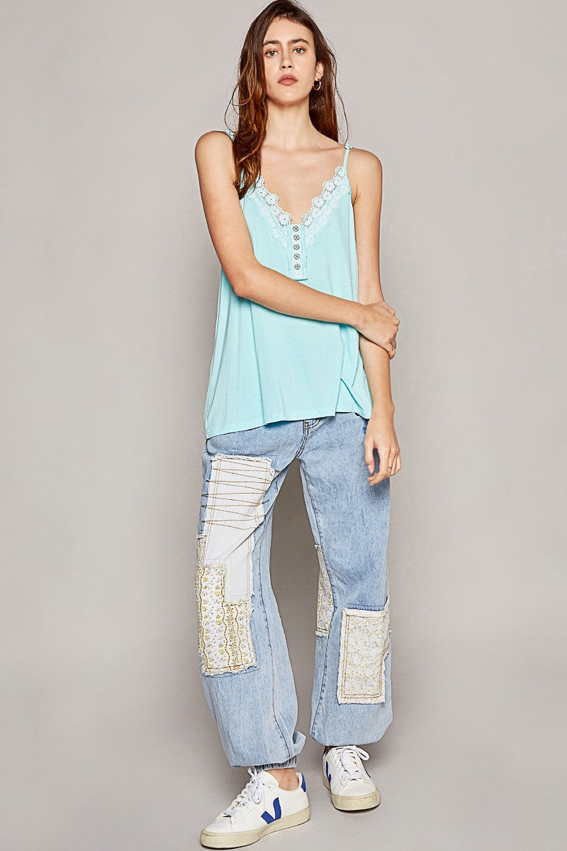 POL Vintage Washed Trim V-Neck Sleeveless Solid Top