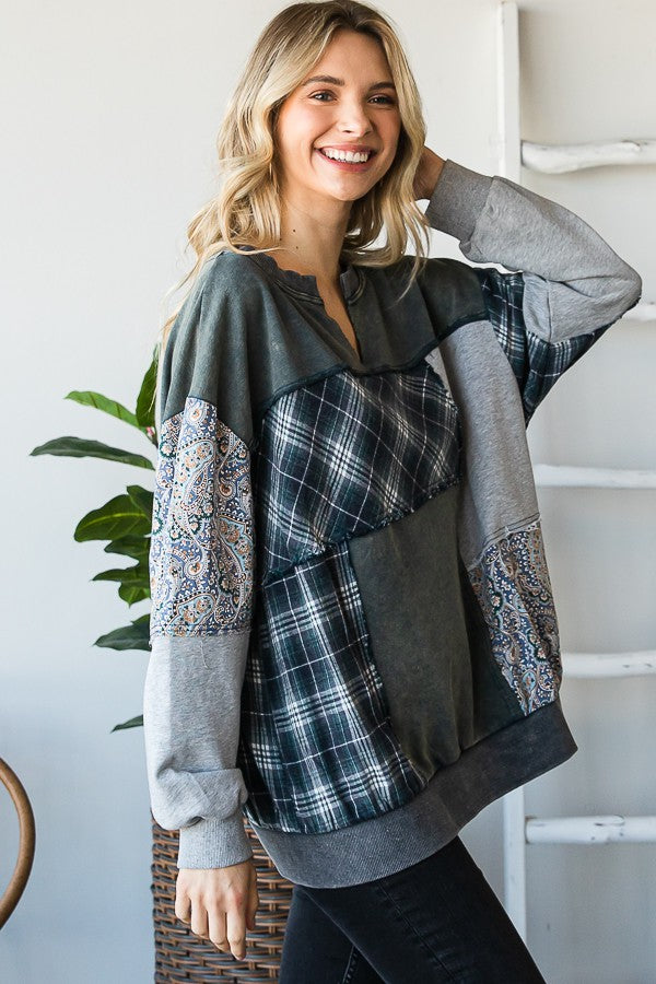 Oli & Hali Mineral Washed Fabric Mixed Pullover Top