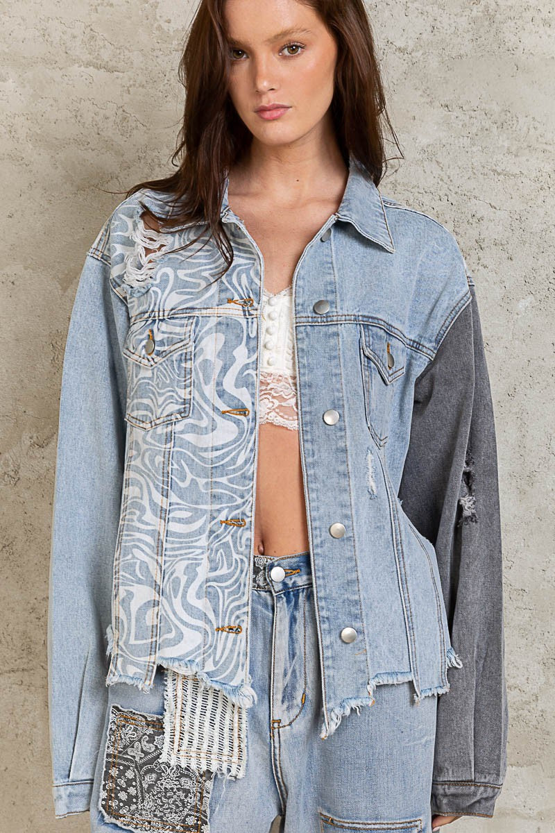 POL Oversize Contrast Marbling Pattern Relaxed Fit Denim Jacket