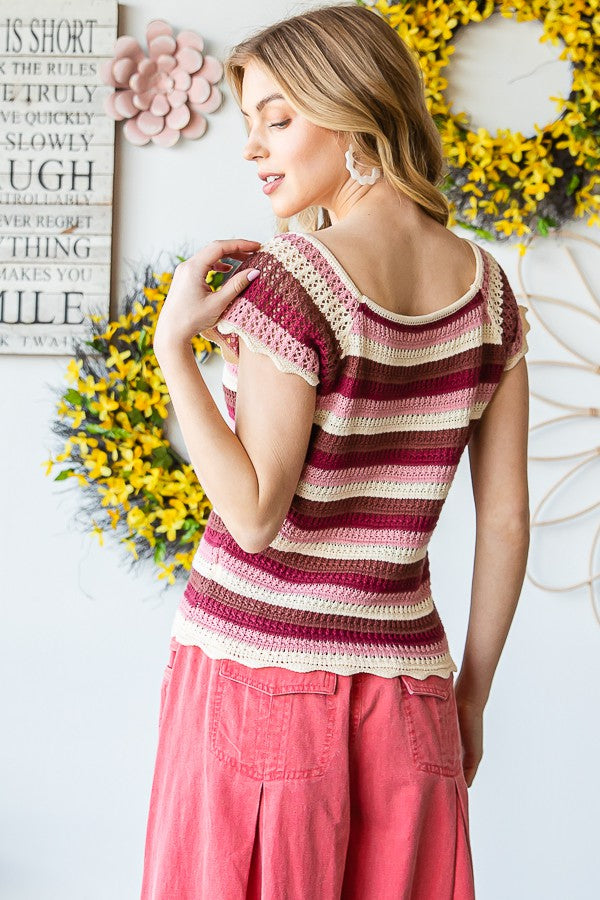 Oli & Hali Striped Crochet Scalloped Top