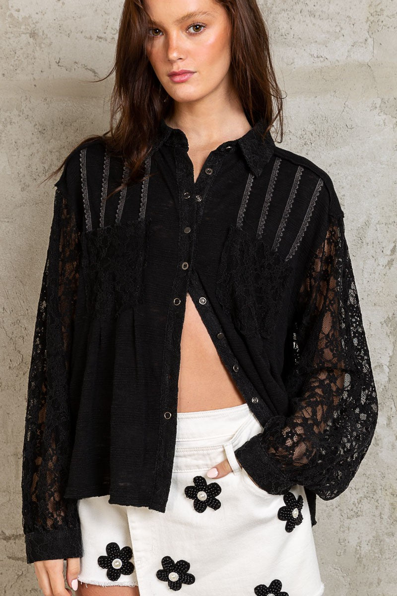 POL Textured Pin Tuck Contrast Lace Button Down Shirt Top