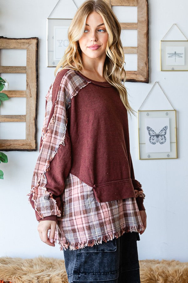 Oli & Hali Washed Long Sleeve Plaid Detail Top