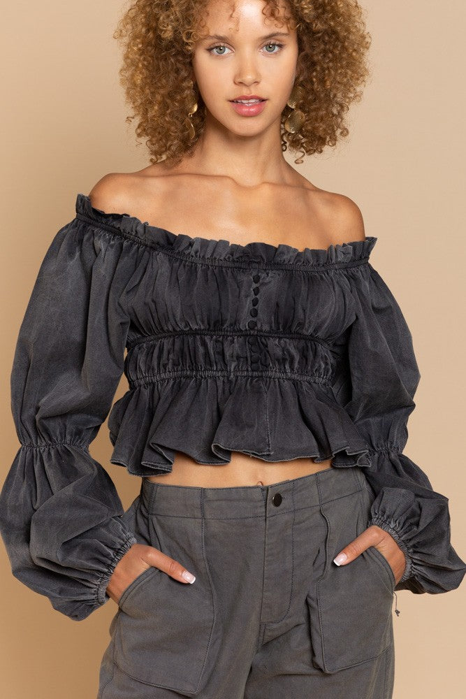 POL Off-shoulder Crop Length Long Sleeve Poplin Ruffled Top