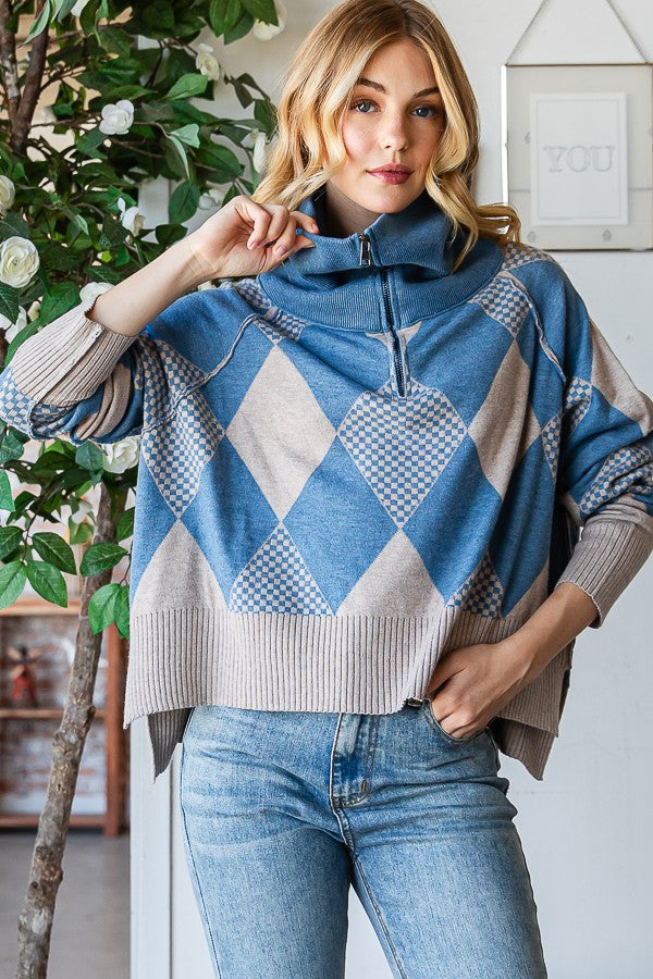 Oli & Hali Argyle Half Zip Up Pullover Sweater Top