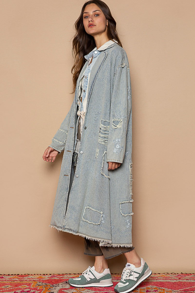 POL Long Sleeve Embroidery Stripe Denim Oversized Fit Long Jacket - Roulhac Fashion Boutique