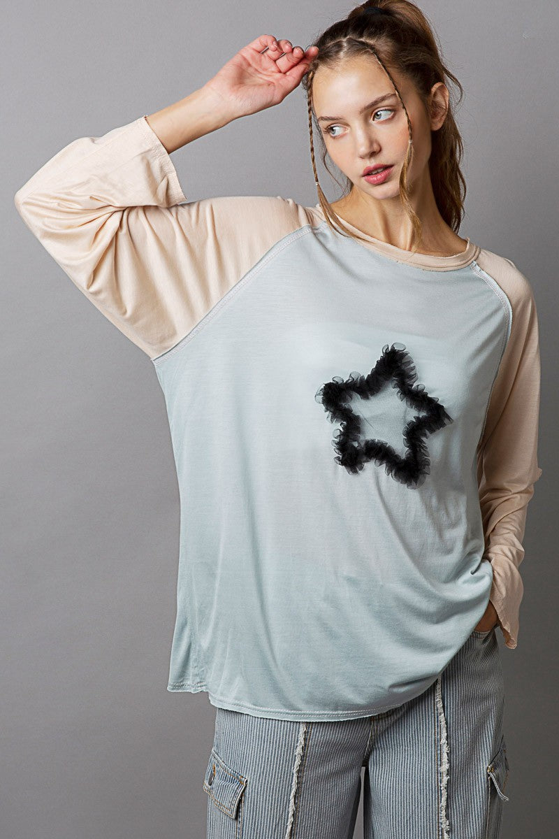 POL Oversize Raglan Long Sleeve Star Patch Front Top
