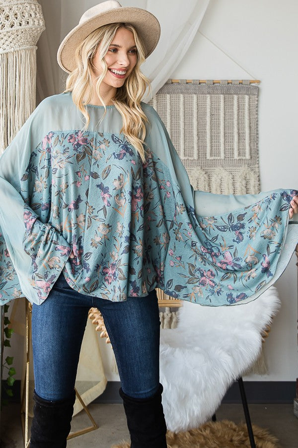 Oli & Hali Floral Print Solid Contrast Bell Sleeves Detail Fl Top