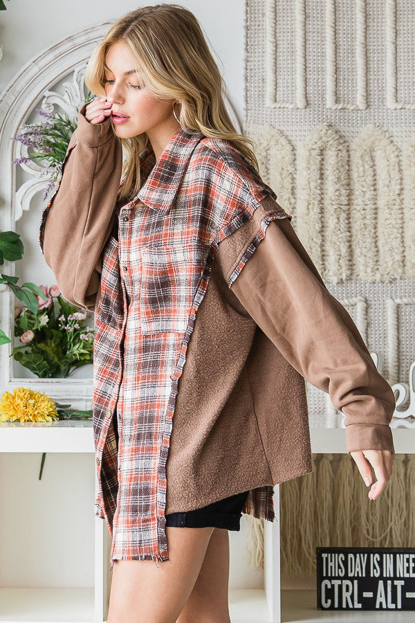 Oli & Hali Washed Plaid Terry Mix Button Front Jacket