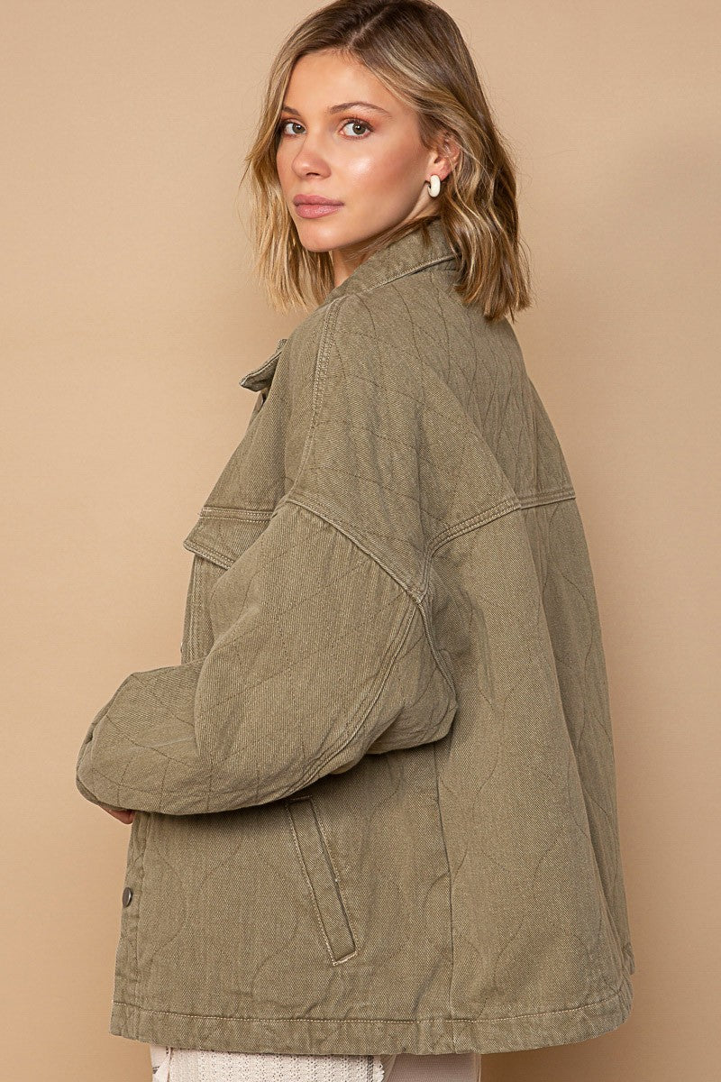 POL Long Sleeve Relaxed Fit Quilted Twill Button Down Jacket
