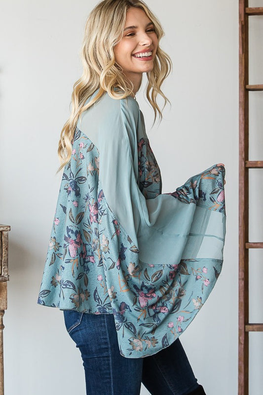 Oli & Hali Floral Print Solid Contrast Bell Sleeves Detail Fl Top