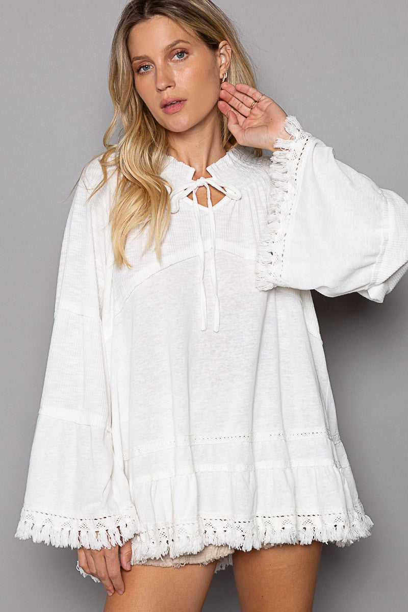 POL Oversize Notched Neck Ruffle Long Sleeve Tunic Top