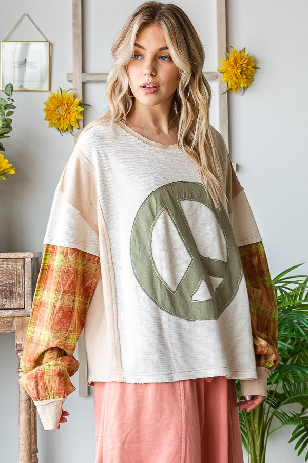 Oli & Hali Peace Applique Plaid Sleeve Pullover Top