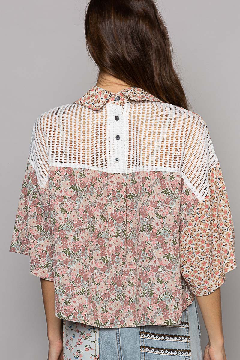 POL Short Sleeve Woven Print Crochet Mixed Shirt Top