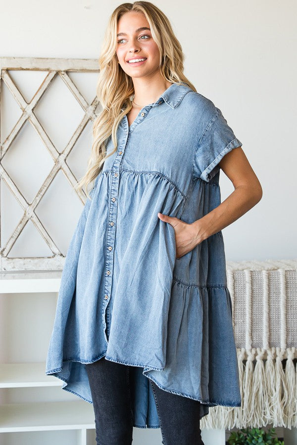 Oli & Hali Mineral Washed Tencil Tiered Button Down Dress