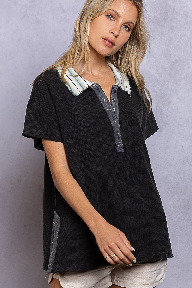 POL Casual Knit Half Sleeve Oversized Fit Side Slit Polo Top - Roulhac Fashion Boutique