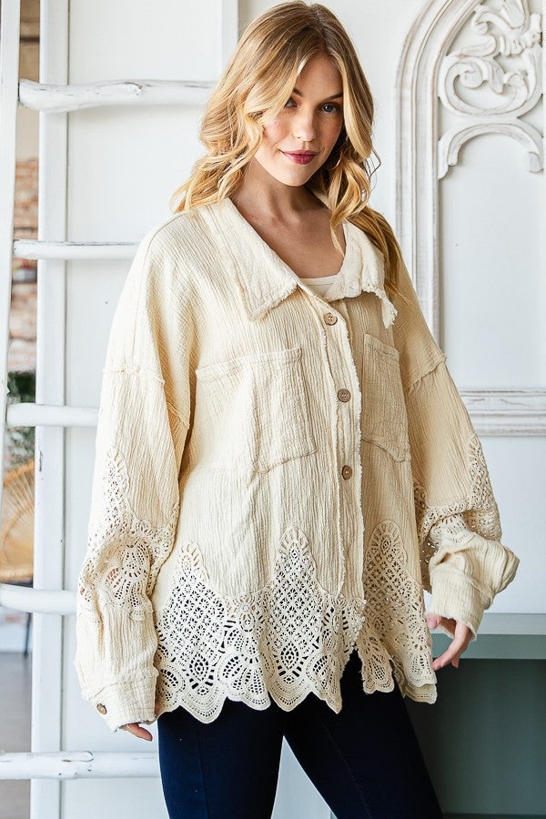 Oli & Hali Washed Lace Mixed Buttondown Shirt Top