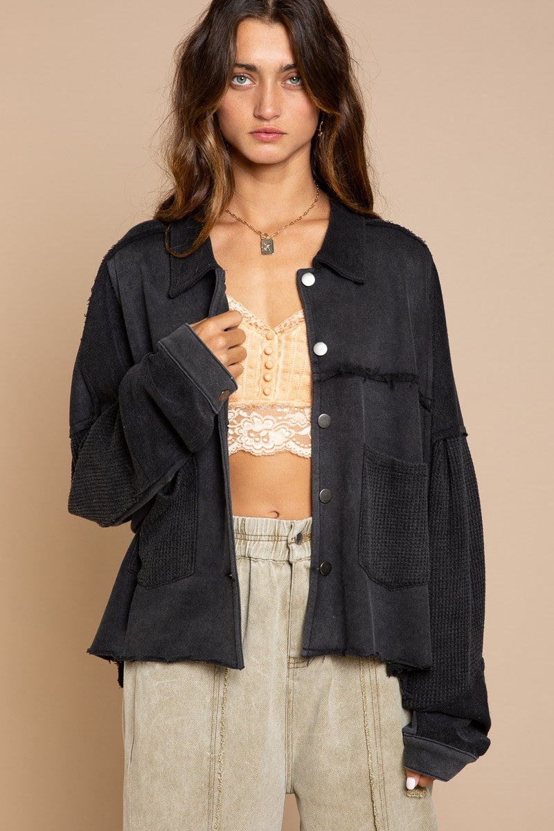 POL Raw Edge Hemline Button Closure Long Sleeve Jacket
