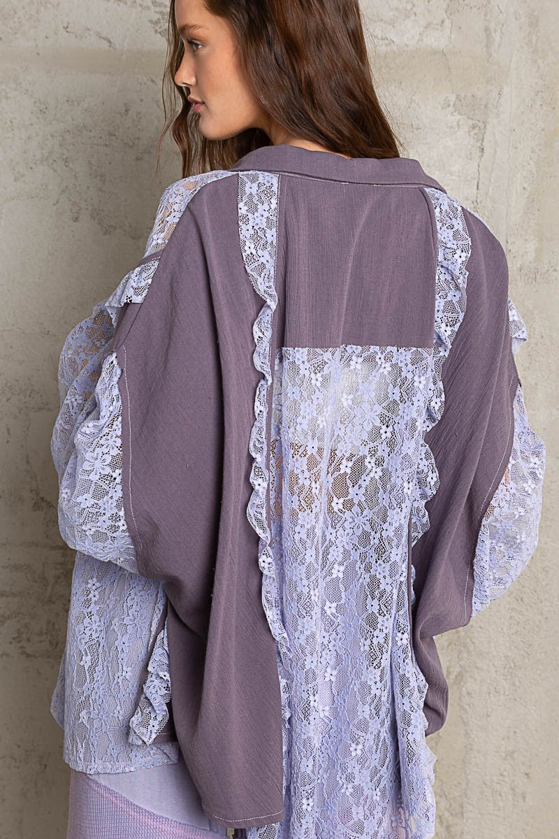 POL Oversize fit balloon sleeve button down ruffle collar neck shirt - Roulhac Fashion Boutique