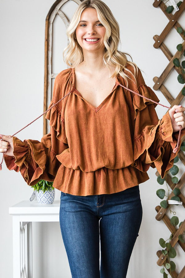 Oli & Hali Washed Ruffle Sleeve Peplum Top
