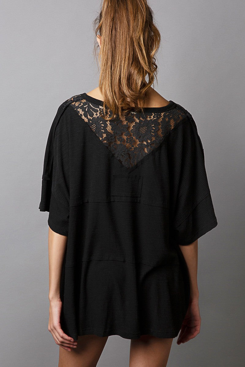 POL Round Neck Short Sleeve Lace Patches Solid Top