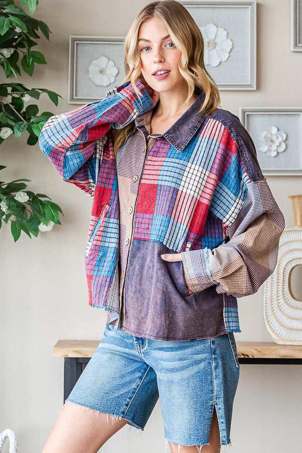 Oli & Hali Washed Plaid Mix Shirt Top