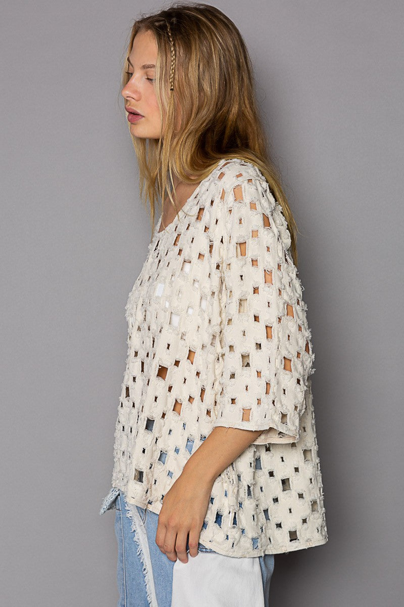 POL Oversize Round Quarter Sleeve See Through Top