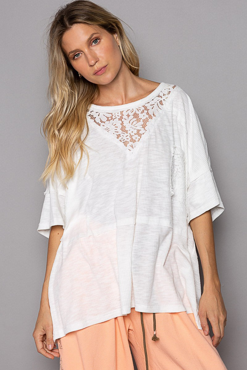 POL Round Neck Short Sleeve Lace Patches Solid Top