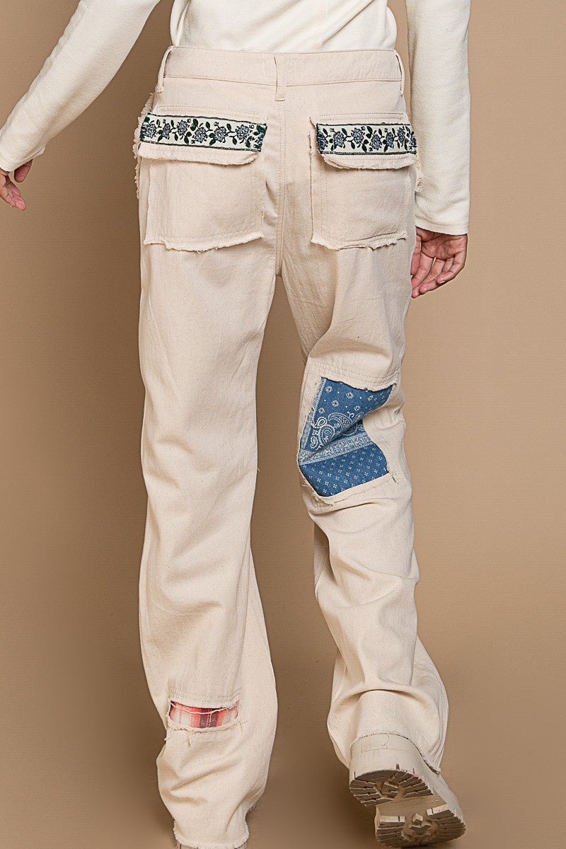 POL Oatmilk Straight Fit Embroidered Patch Detail Back Pocket Twill Pants - Roulhac Fashion Boutique