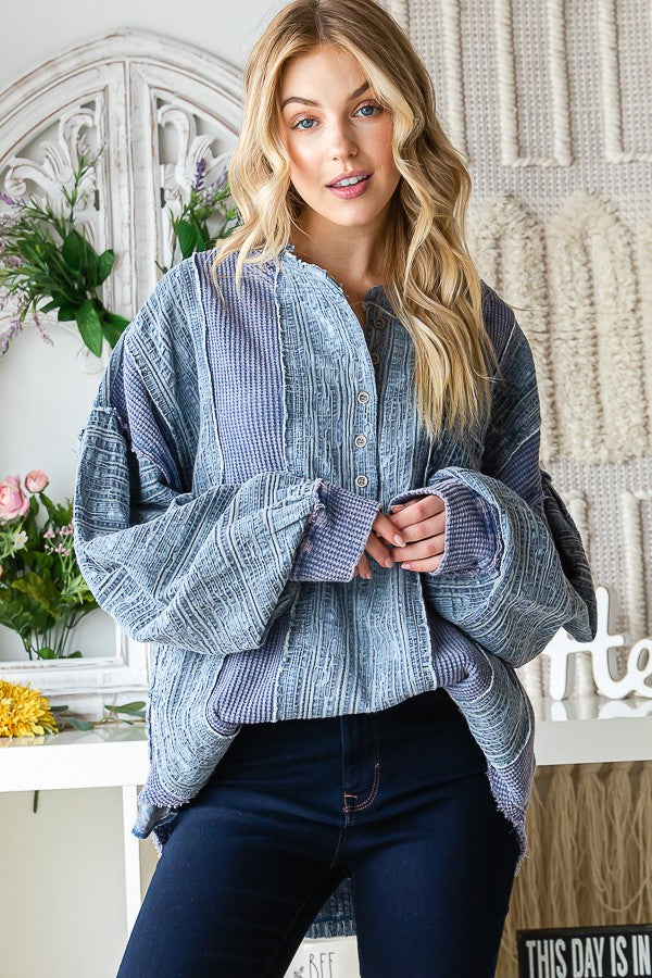 Oli & Hali Washed Fabric Mix Mandarin Collar Top