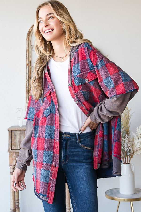 Oli & Hali Mineral Washed Plaid Hoodie Jacket Top