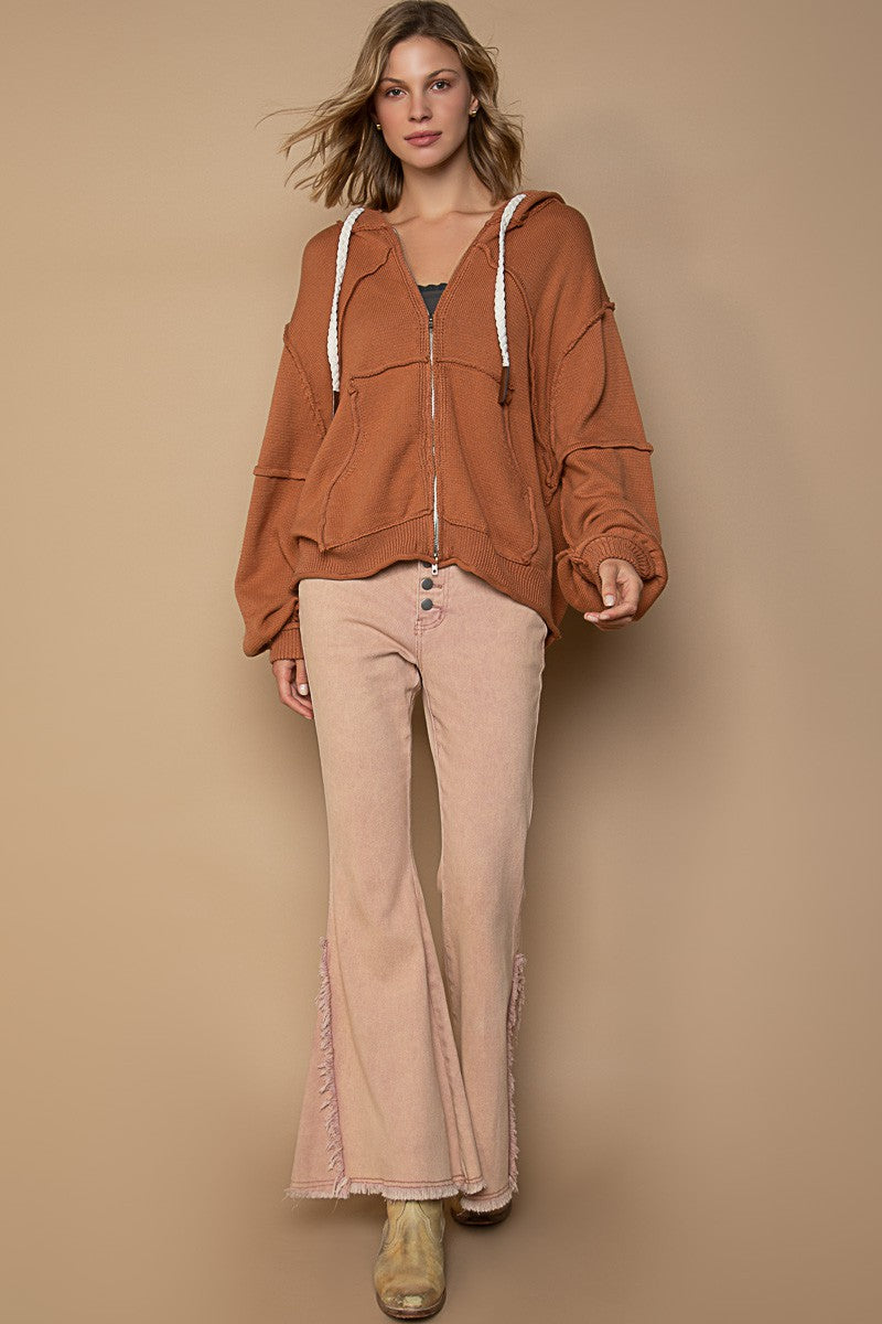 POL Hooded Zipper Balloon Sleeves Hacci Jacket Sweater Top