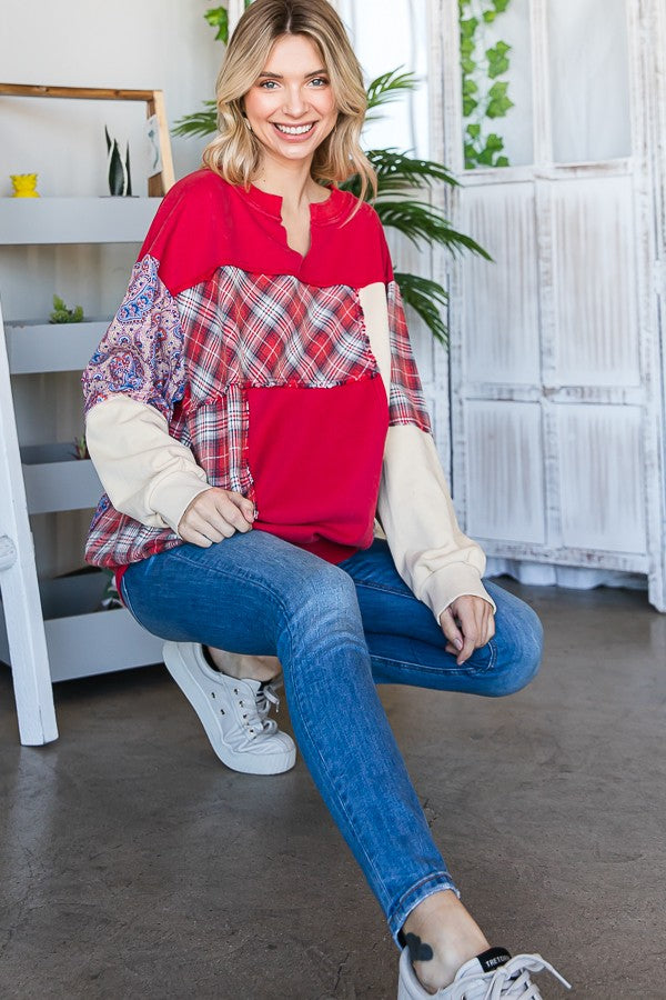 Oli & Hali Mineral Washed Fabric Mixed Pullover Top