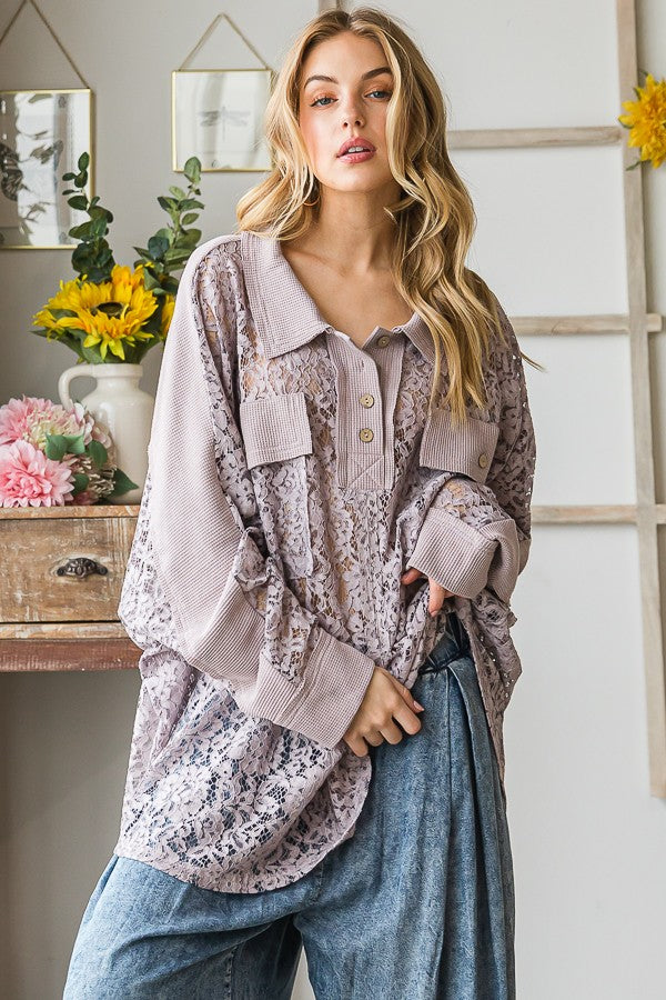 Oli & Hali Washed Lace Waffle Mixed Shirts Top