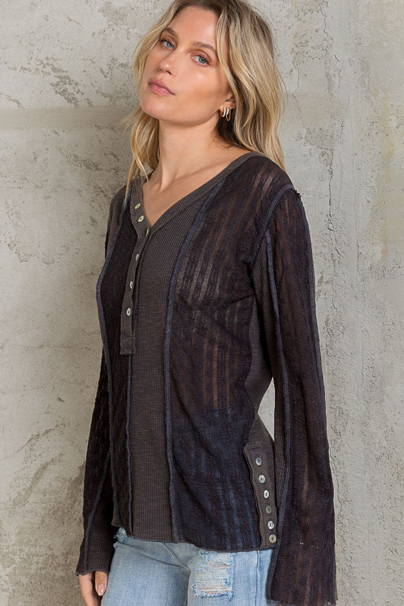 POL Henley Contrast Fabric Long Sleeve V Neck Top