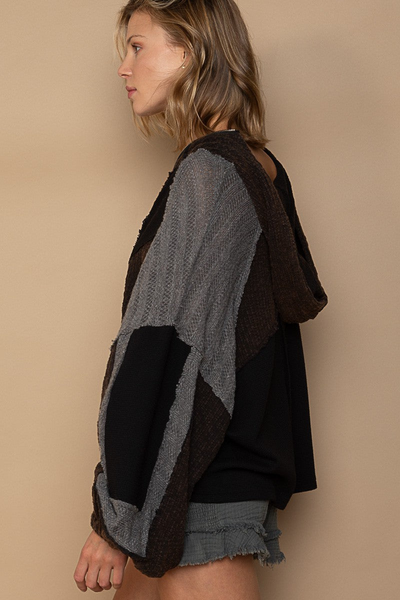 POL Zipper Front Hooded High Neck Balloon Sleeves Oversize Fit Textured Jacket - Roulhac Fashion Boutique