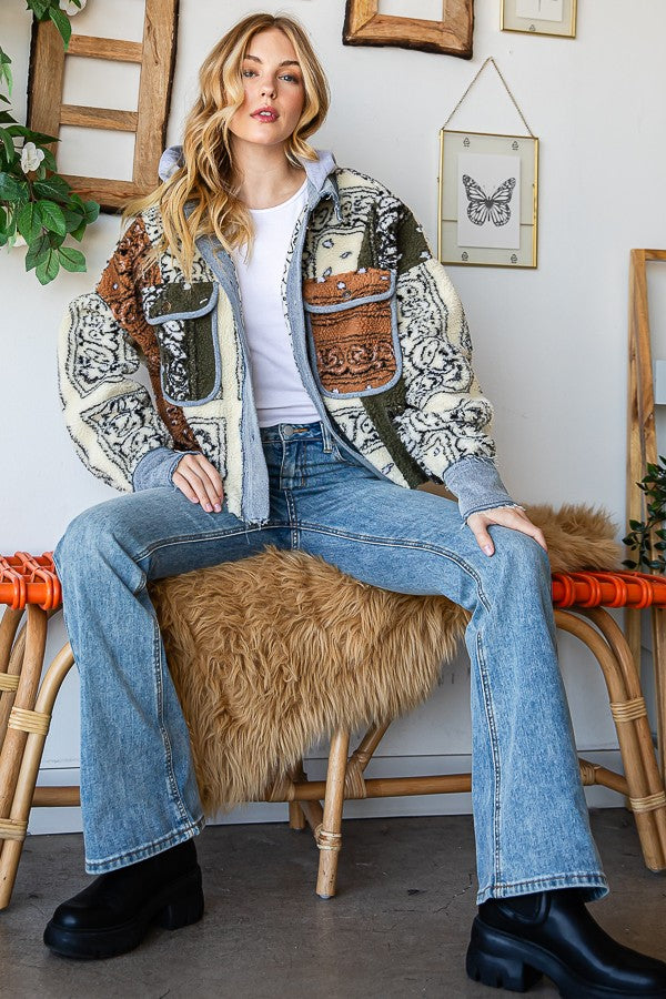 Oli & Hali Bandana Print Mixed Sherpa Jacket