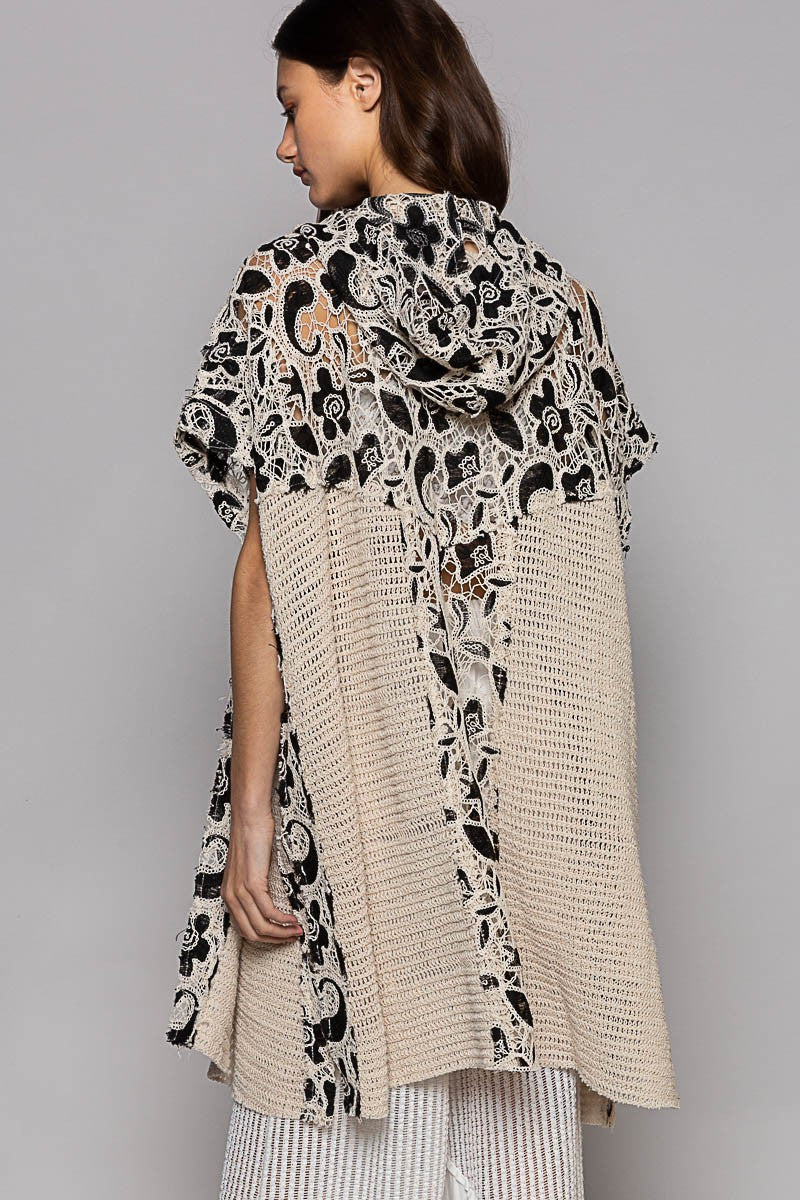 POL Sleeveless Crochet Floral Pattern Hoodie Open Kimono Top