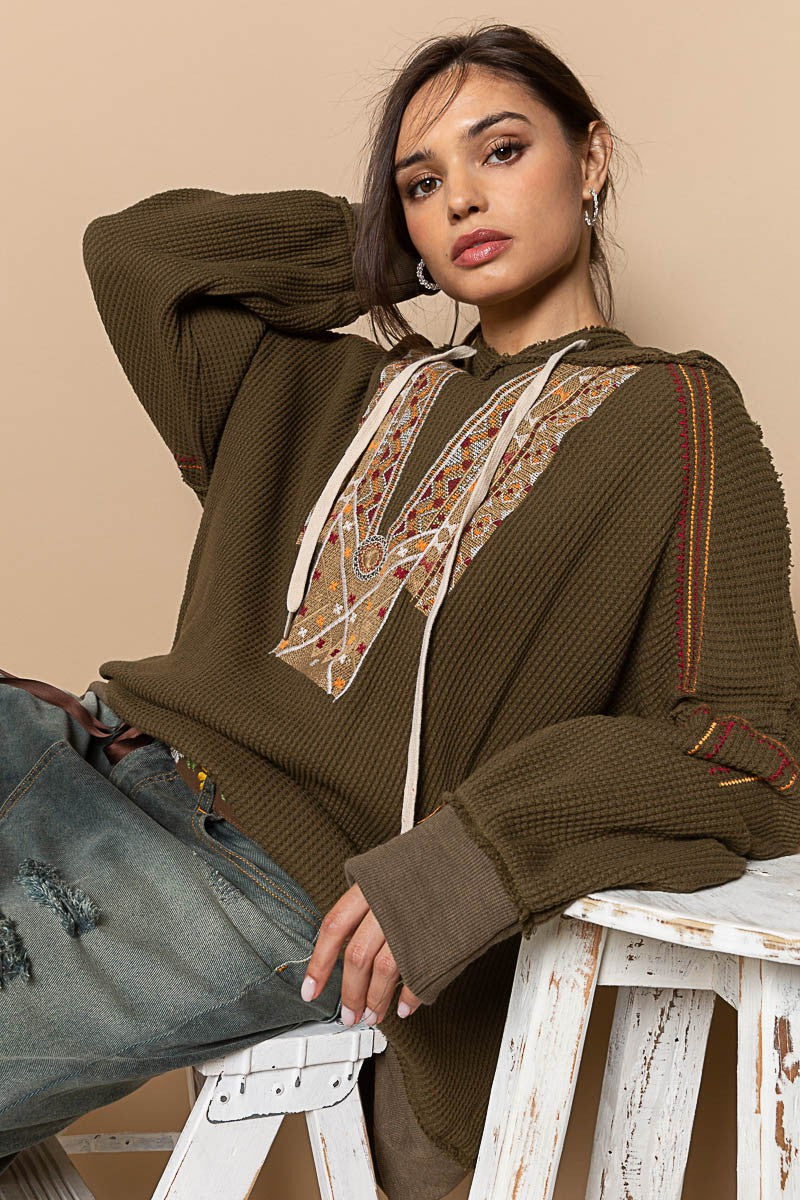 POL Oversized Embroidered Front Long Sleeve Top