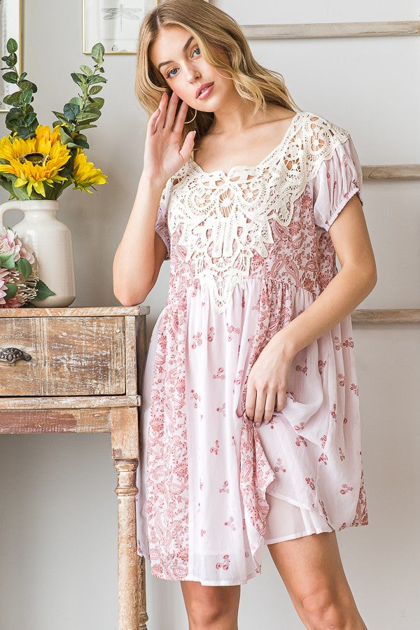 Oli & Hali Crochet Yoke Printed Dress