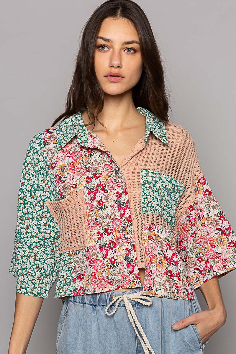 POL Short Sleeve Woven Print Crochet Mixed Shirt Top