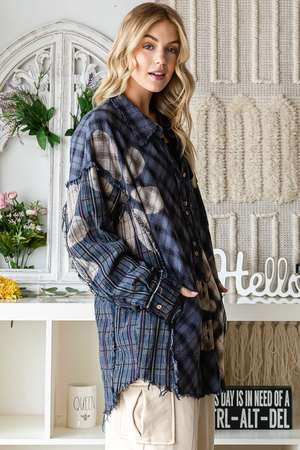 Oli & Hali Bleeched Flower Plaid Button Front Jacket