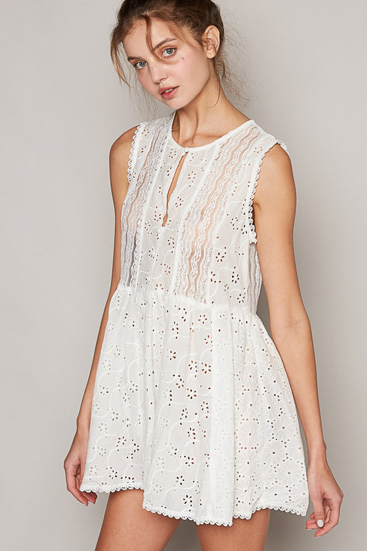 POL Embroidered Round Neck Sleeveless Woven Tunic Top