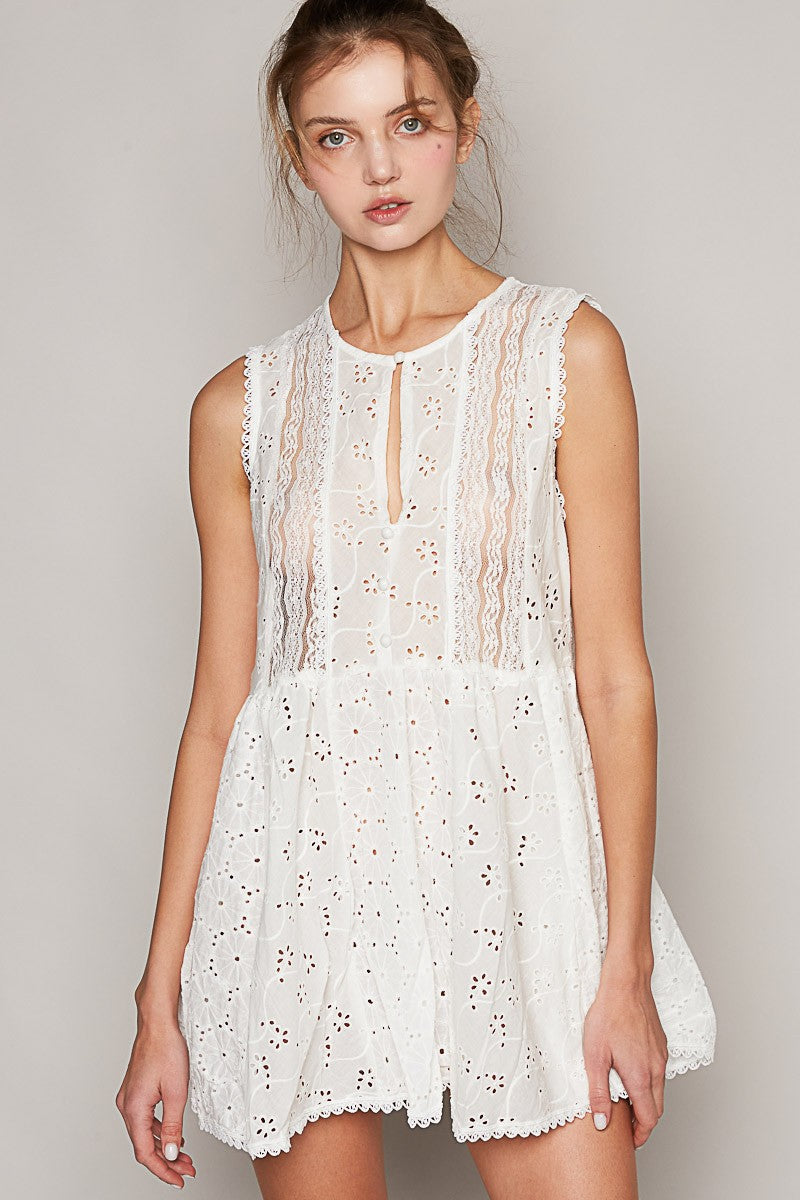 POL Embroidered Round Neck Sleeveless Woven Tunic Top